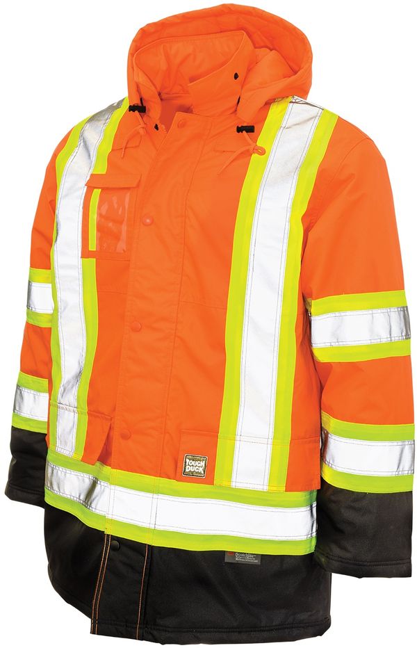 Am image of a Custom Tough Duck PolyOxford Insulated Safety Parka in Fluorescent Orange!