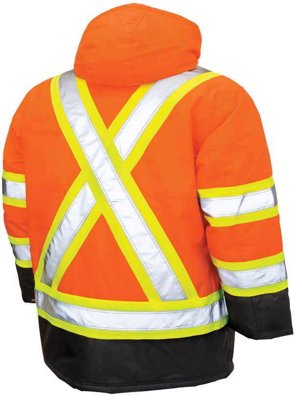 Am image of a Custom Tough Duck PolyOxford Insulated Safety Parka in Fluorescent Orange!