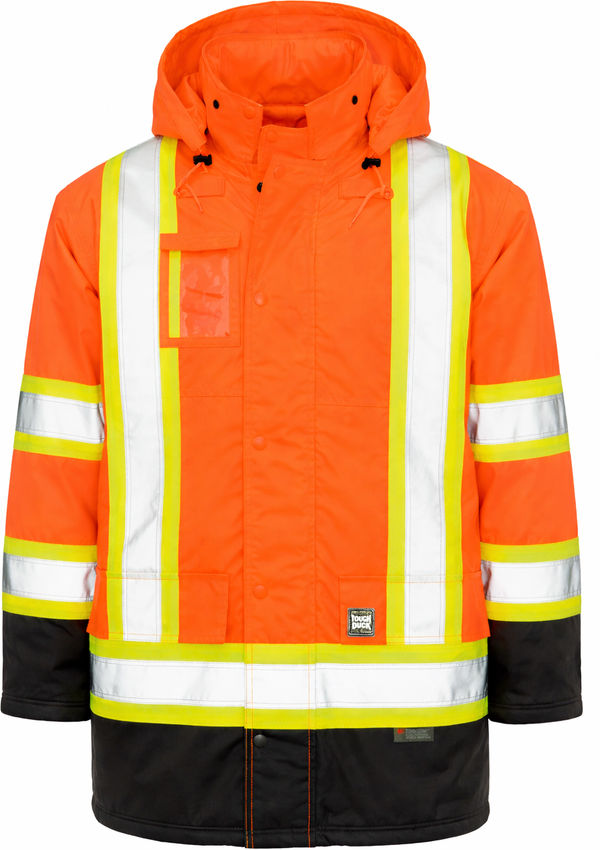 An image of a Custom Tough Duck PolyOxford Insulated Safety Parka in Fluorescent Orange!