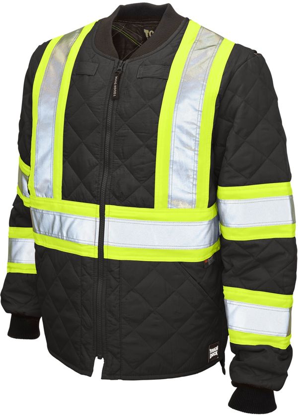Am image of a Custom Tough Duck Quilted Safety Jacket in Black!