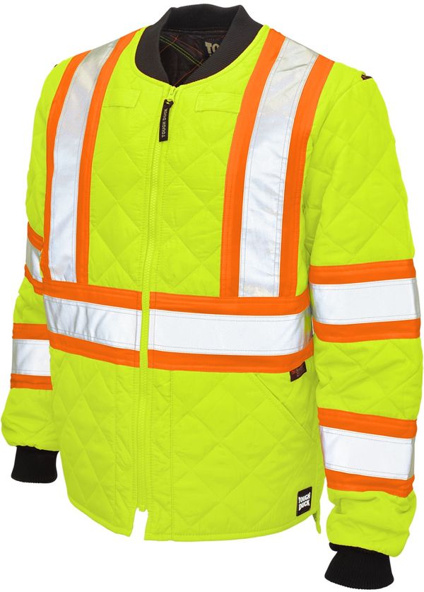 Am image of a Custom Tough Duck Quilted Safety Jacket in Fluorescent Green!
