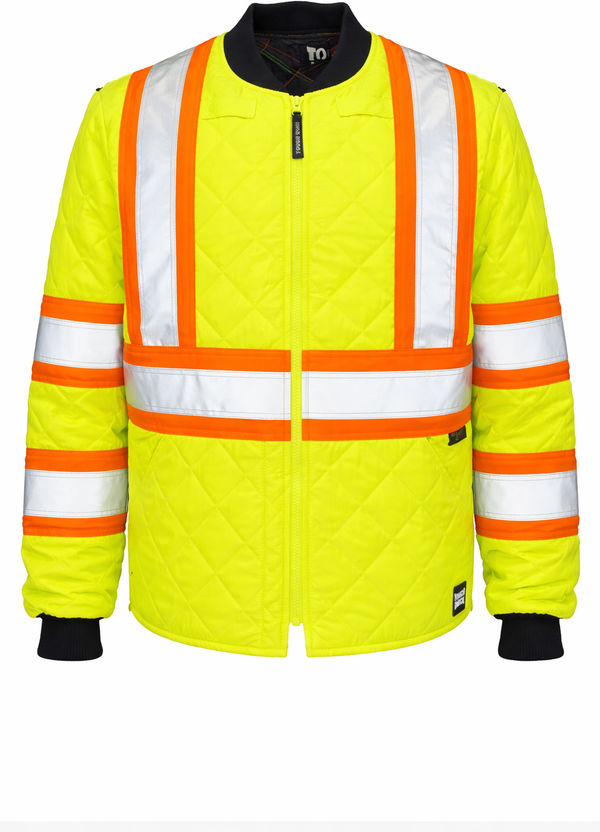 An image of a Custom Tough Duck Quilted Safety Jacket in Fluorescent Green!