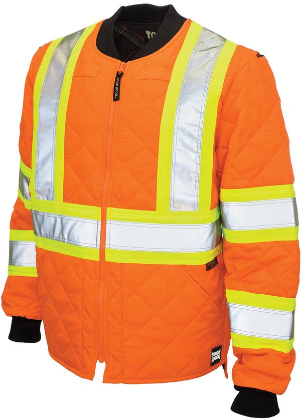 Am image of a Custom Tough Duck Quilted Safety Jacket in Fluorescent Orange!