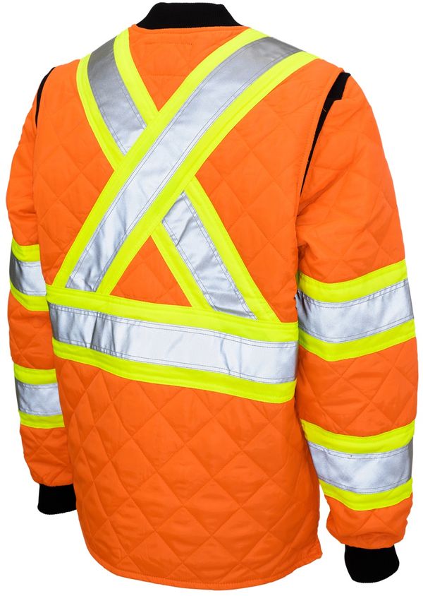 Am image of a Custom Tough Duck Quilted Safety Jacket in Fluorescent Orange!