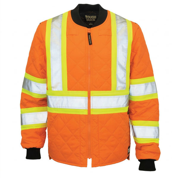 An image of a Custom Tough Duck Quilted Safety Jacket in Fluorescent Orange!