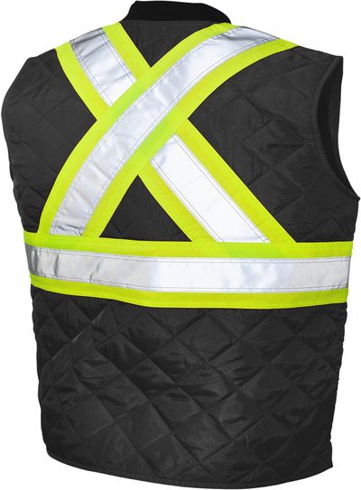 Am image of a Custom Tough Duck Quilted Safety Vest in Black!