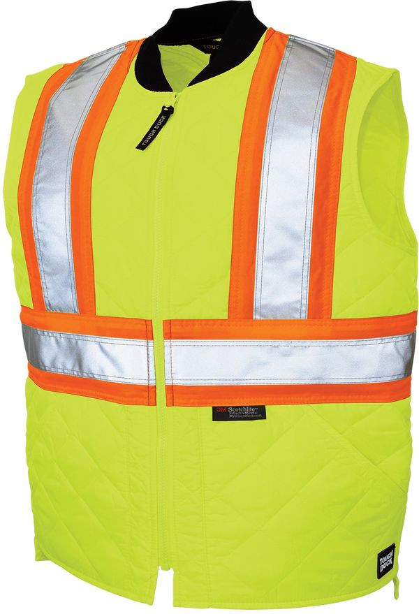 Am image of a Custom Tough Duck Quilted Safety Vest in Fluorescent Green!