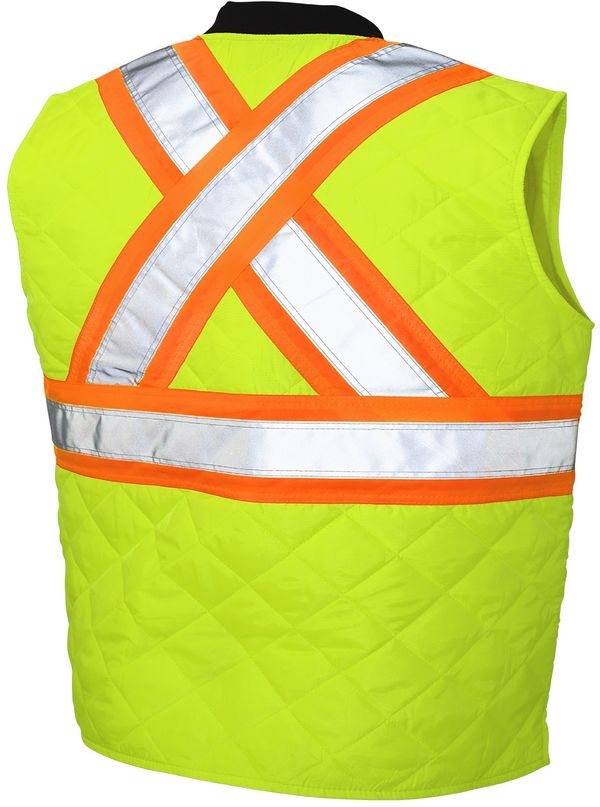 Am image of a Custom Tough Duck Quilted Safety Vest in Fluorescent Green!