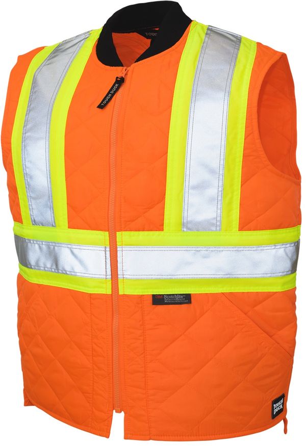 Am image of a Custom Tough Duck Quilted Safety Vest in Fluorescent Orange!
