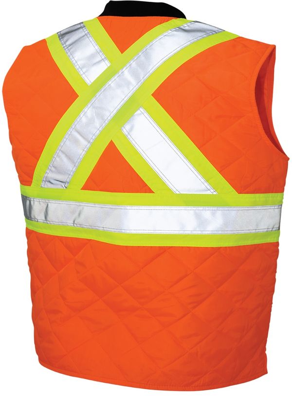 Am image of a Custom Tough Duck Quilted Safety Vest in Fluorescent Orange!