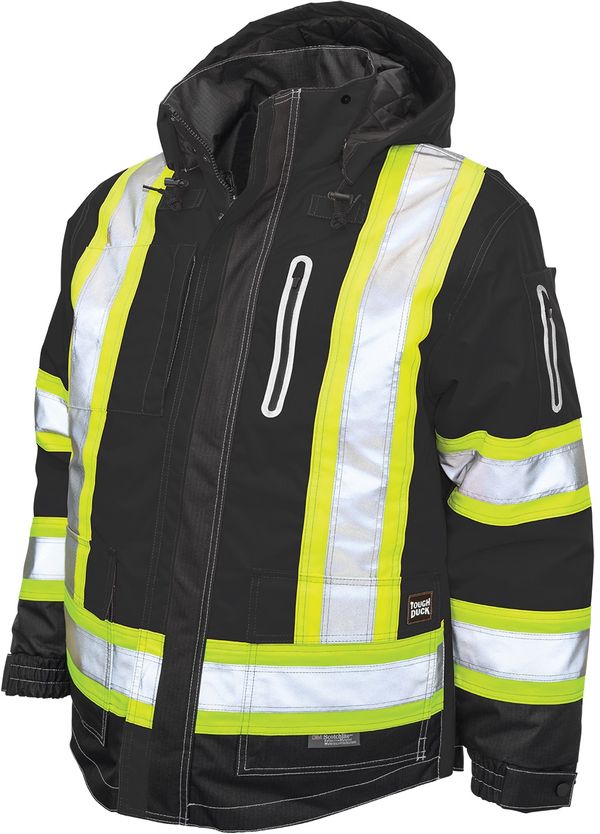 Am image of a Custom Tough Duck Ripstop 4 in 1 Safety Jacket in Black!