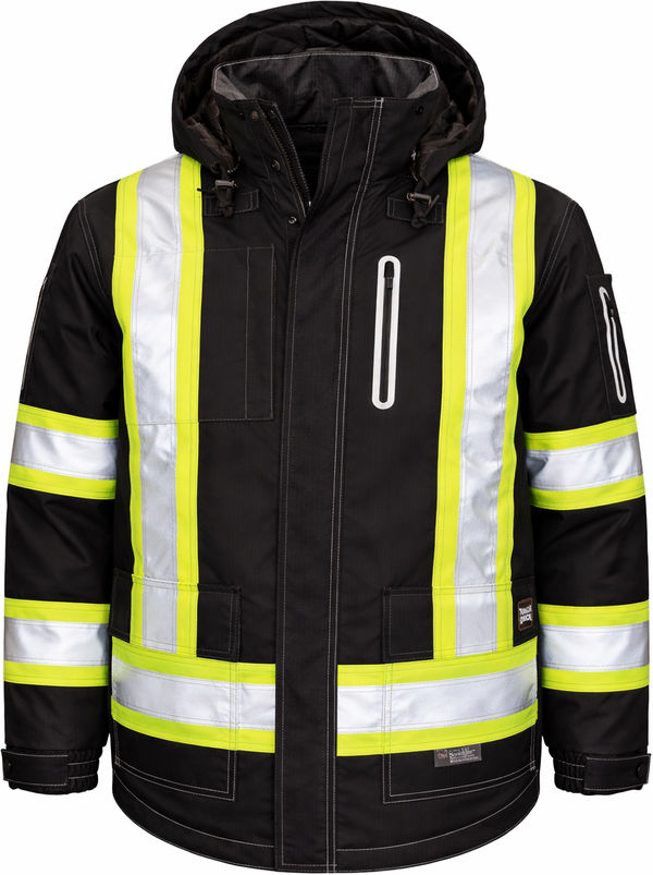 An image of a Custom Tough Duck Ripstop 4 in 1 Safety Jacket in Black!