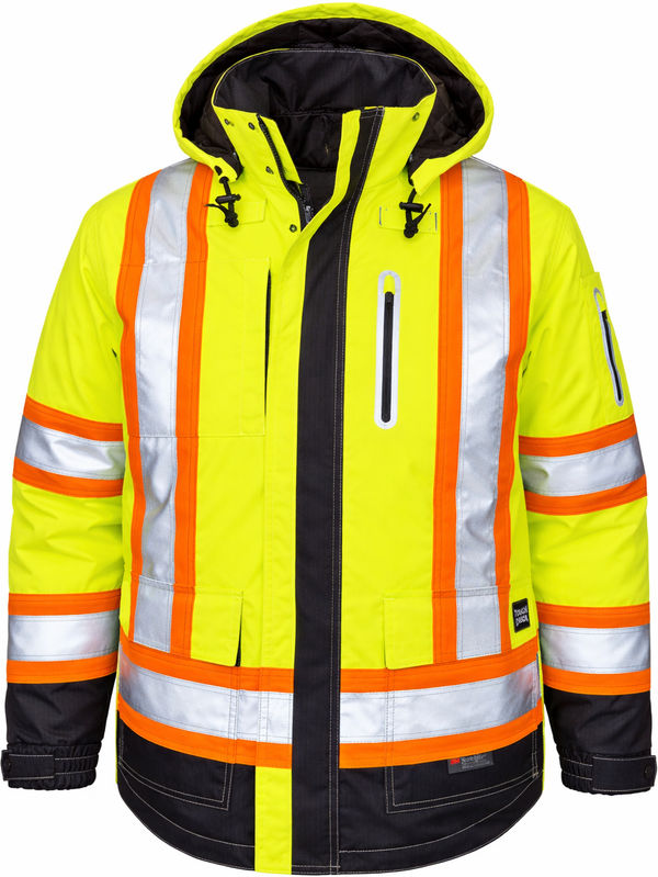 An image of a Custom Tough Duck Ripstop 4 in 1 Safety Jacket in Fluorescent Green!