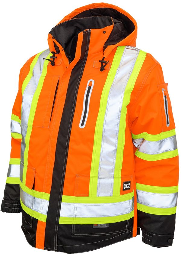 Am image of a Custom Tough Duck Ripstop 4 in 1 Safety Jacket in Fluorescent Orange!