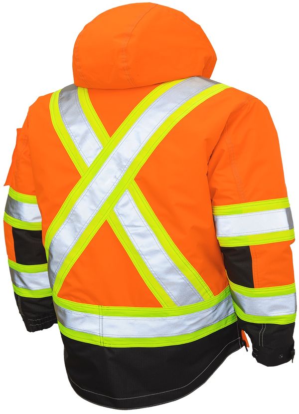 Am image of a Custom Tough Duck Ripstop 4 in 1 Safety Jacket in Fluorescent Orange!