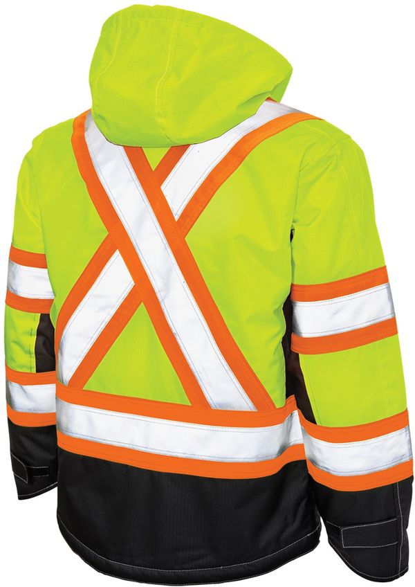 Am image of a Custom Tough Duck Ripstop Fleece Lined Safety Jacket in Fluorescent Green!