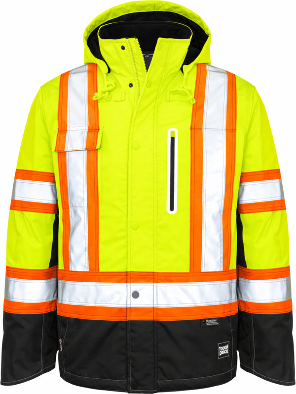 An image of a Custom Tough Duck Ripstop Fleece Lined Safety Jacket in Fluorescent Green!