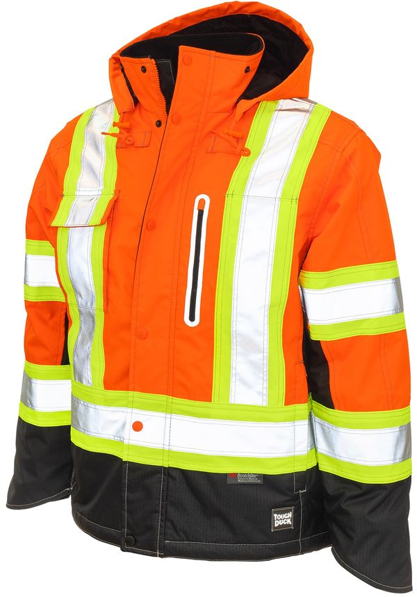 Am image of a Custom Tough Duck Ripstop Fleece Lined Safety Jacket in Fluorescent Orange!