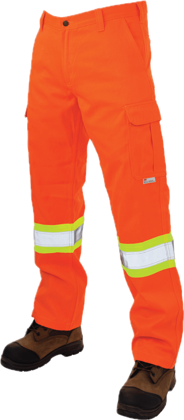 Am image of a Custom Tough Duck Safety Cargo Work Pant in Fluorescent Orange!