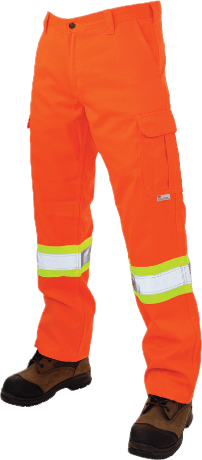 Am image of a Custom Tough Duck Safety Cargo Work Pant in Fluorescent Orange!