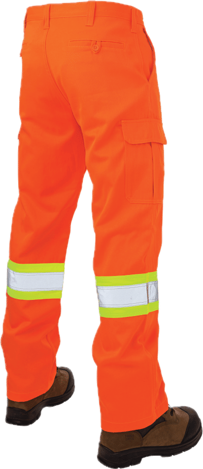 Am image of a Custom Tough Duck Safety Cargo Work Pant in Fluorescent Orange!