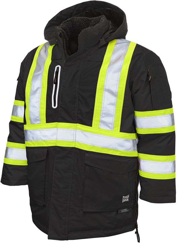 Am image of a Custom Tough Duck Safety Down Filled Parka in Black!
