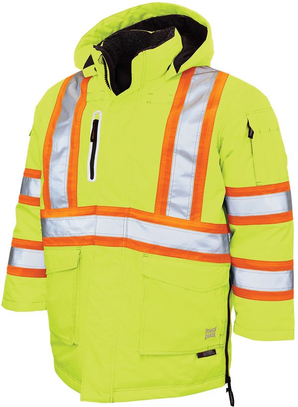 Am image of a Custom Tough Duck Safety Down Filled Parka in Fluorescent Green!