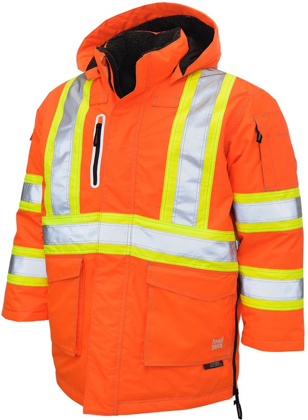 Am image of a Custom Tough Duck Safety Down Filled Parka in Fluorescent Orange!