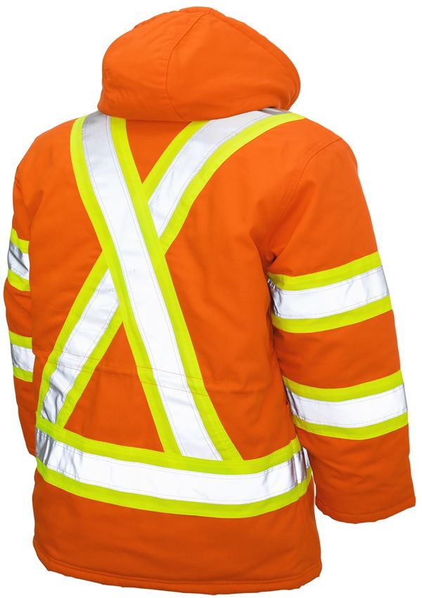 Am image of a Custom Tough Duck Safety Parka in Bright Orange!