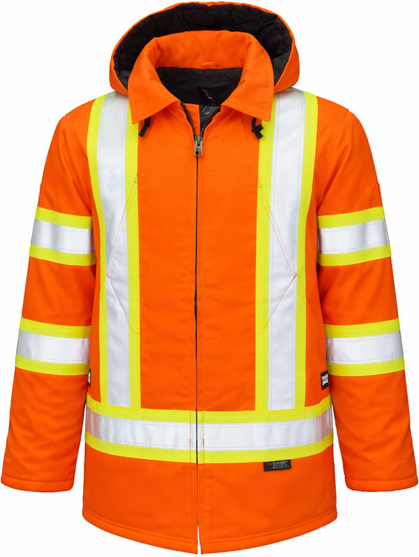 An image of a Custom Tough Duck Safety Parka in Bright Orange!