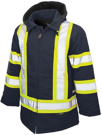 Am image of a Custom Tough Duck Safety Parka in Navy!