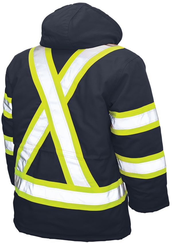 Am image of a Custom Tough Duck Safety Parka in Navy!