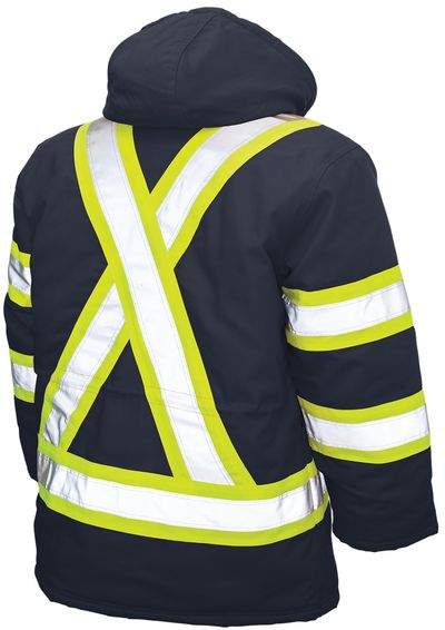 Am image of a Custom Tough Duck Safety Parka in Navy!