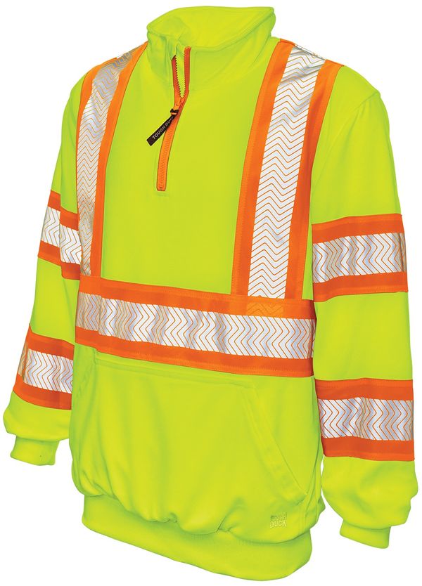 Am image of a Custom Tough Duck Safety Quarter Zip Pullover in Fluorescent Green!