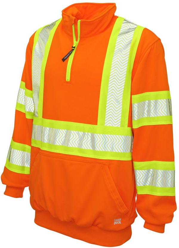 Am image of a Custom Tough Duck Safety Quarter Zip Pullover in Fluorescent Orange!