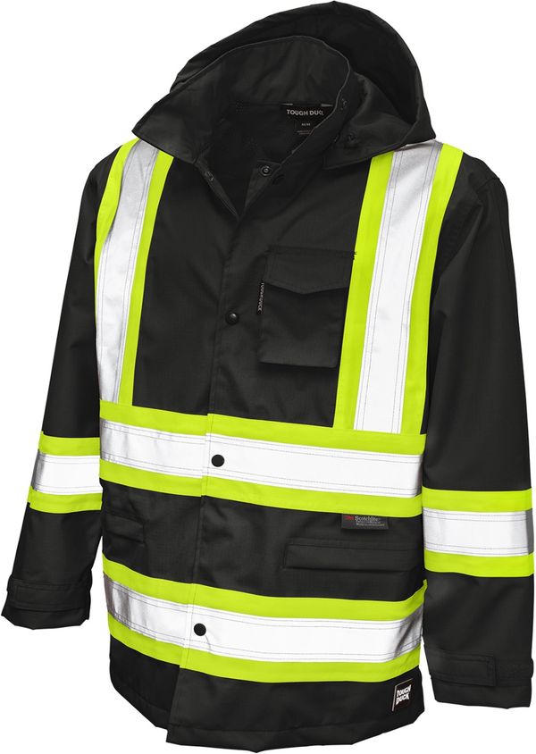 Am image of a Custom Tough Duck Safety Rain Jacket in Black!