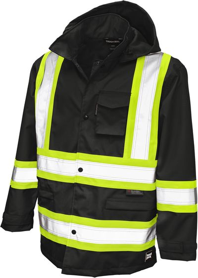 Am image of a Custom Tough Duck Safety Rain Jacket in Black!