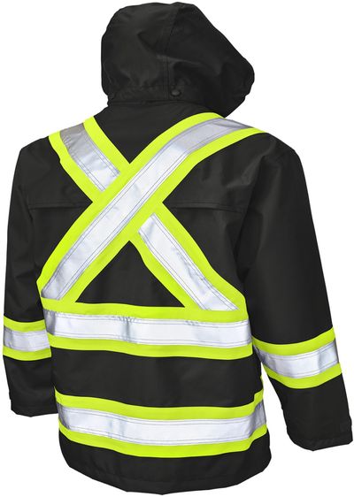 Am image of a Custom Tough Duck Safety Rain Jacket in Black!