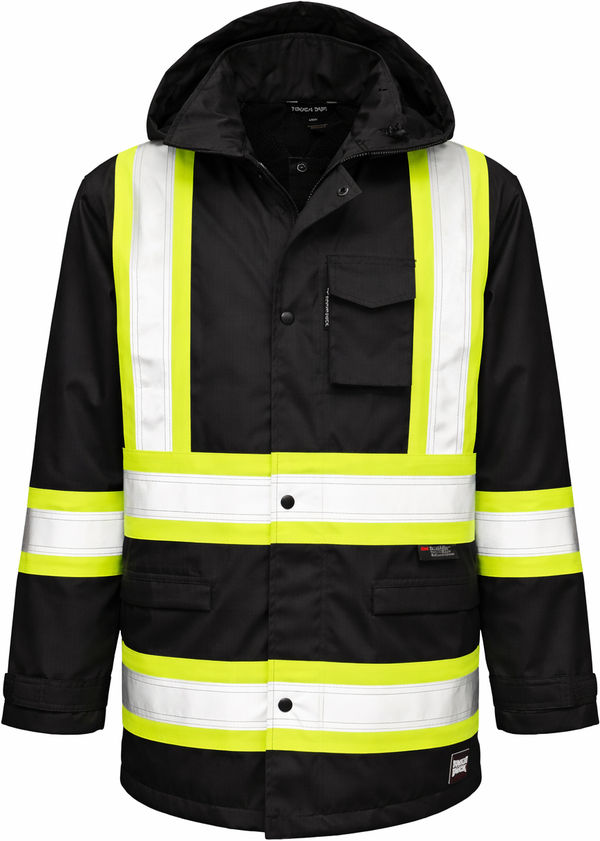 An image of a Custom Tough Duck Safety Rain Jacket in Black!