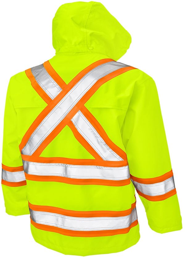 Am image of a Custom Tough Duck Safety Rain Jacket in Fluorescent Green!