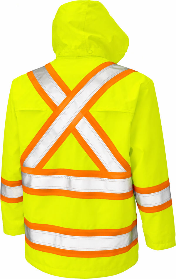 An image of a Custom Tough Duck Safety Rain Jacket in Fluorescent Green!