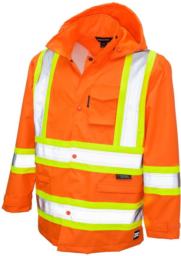Am image of a Custom Tough Duck Safety Rain Jacket in Fluorescent Orange!