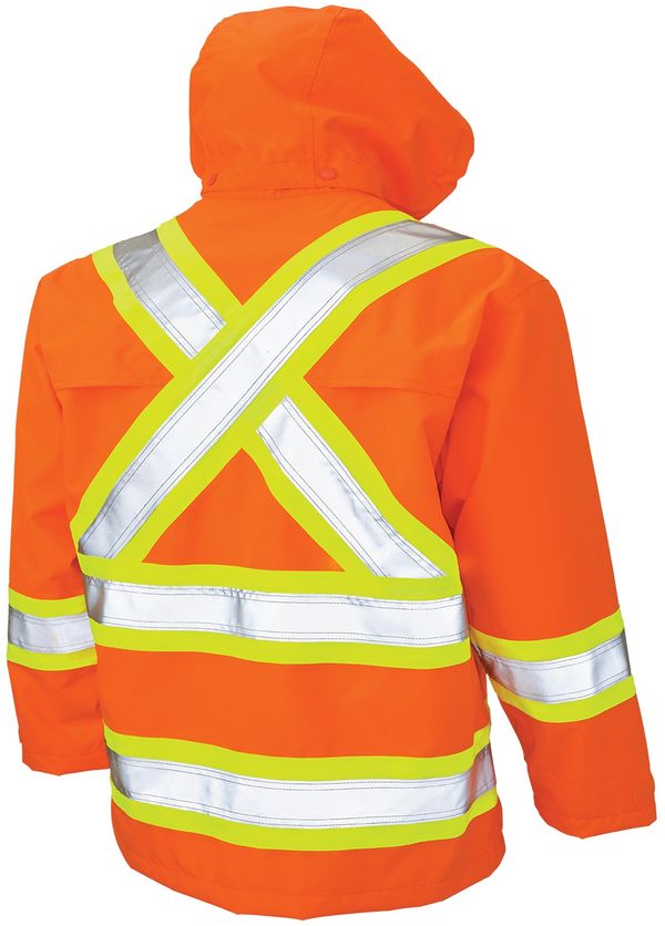 Am image of a Custom Tough Duck Safety Rain Jacket in Fluorescent Orange!