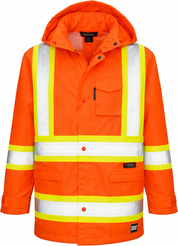 An image of a Custom Tough Duck Safety Rain Jacket in Fluorescent Orange!