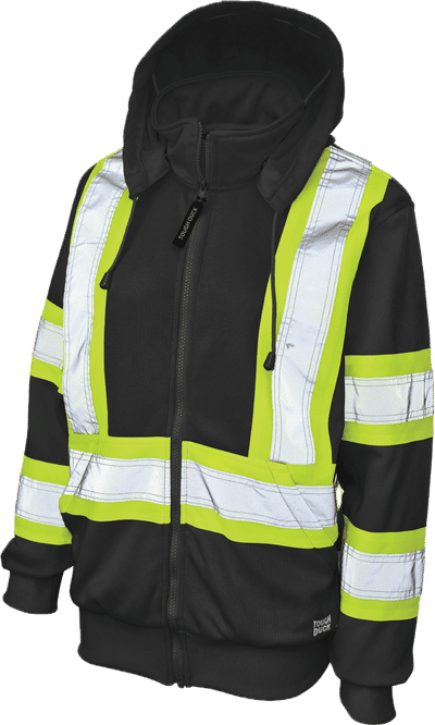 Am image of a Custom Tough Duck Safety Womens Traffic Hoodie with Quick Release Hood in Black!