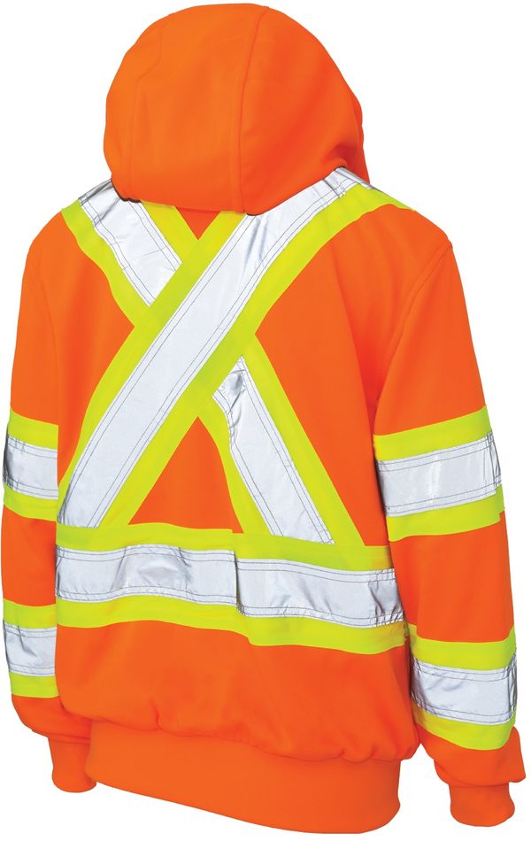 Am image of a Custom Tough Duck Safety Womens Traffic Hoodie with Quick Release Hood in Fluorescent Orange!