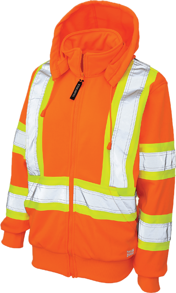 Am image of a Custom Tough Duck Safety Womens Traffic Hoodie with Quick Release Hood in Fluorescent Orange!