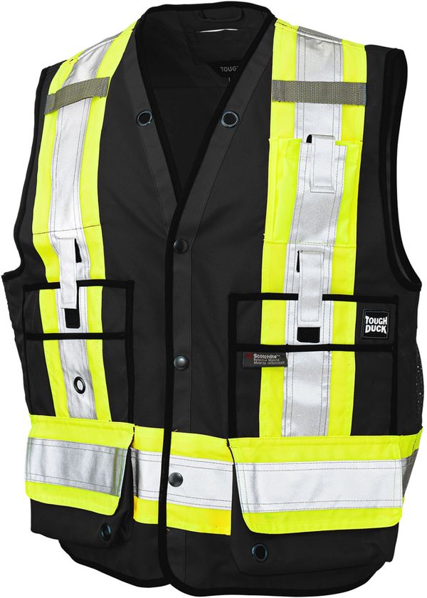 Am image of a Custom Tough Duck Surveyor Safety Vest in Black!