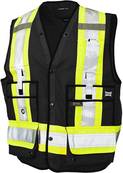 Am image of a Custom Tough Duck Surveyor Safety Vest in Black!