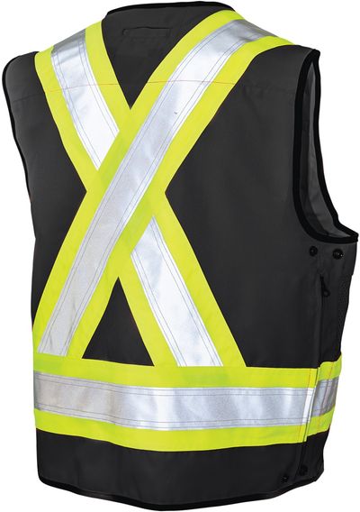 Am image of a Custom Tough Duck Surveyor Safety Vest in Black!